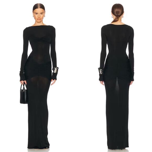 Helsa Josephine Long Sleeve Ruched Slinky Jersey Black Maxi Dress Size Medium - Picture 1 of 9